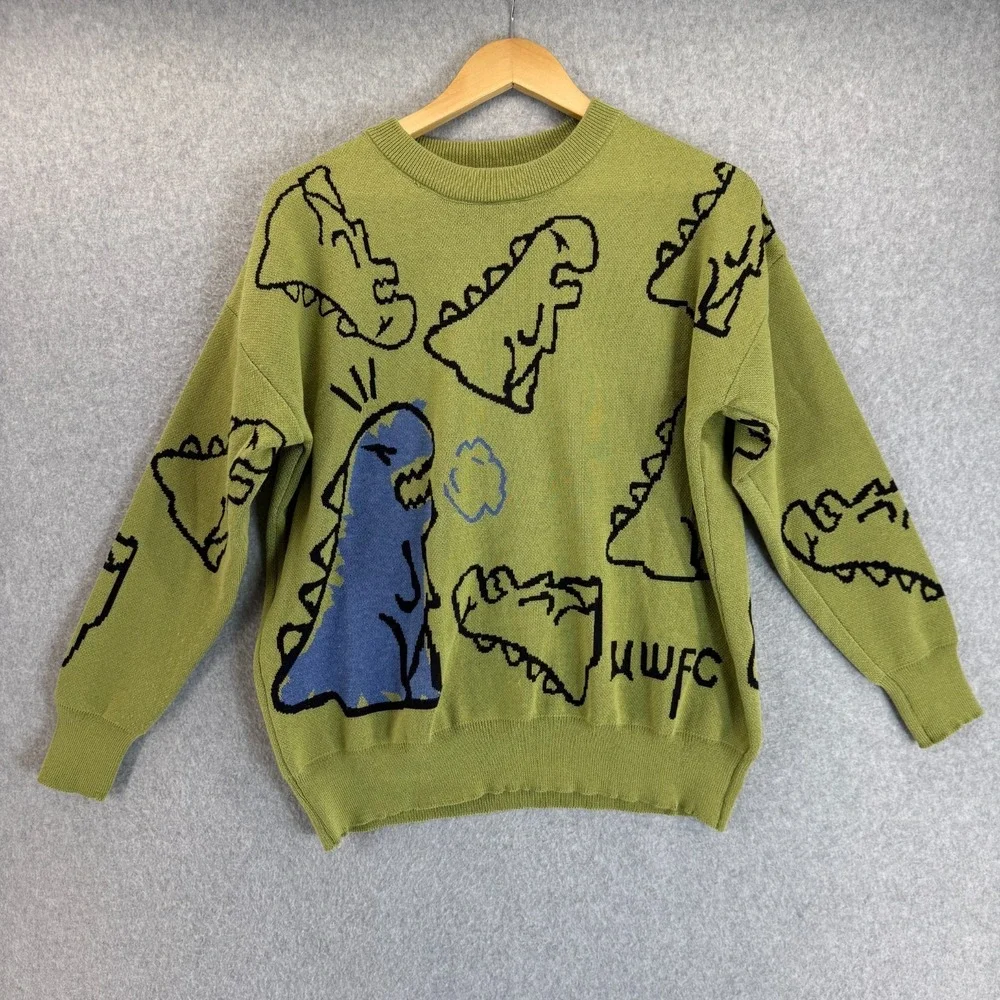 Angry Dinosaur T Rex Knit Crewneck Sweater Unisex Size Medium Green Blue Cartoon